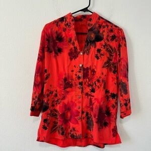 Tianello Burnt Orange Black Watercolor Floral Dynasty Button Front Blouse XS